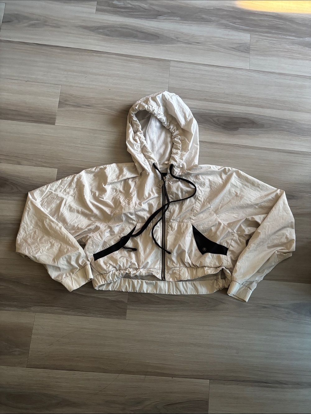 Hollister Cream Hooded Cropped Bomber Jacket with Black Trim